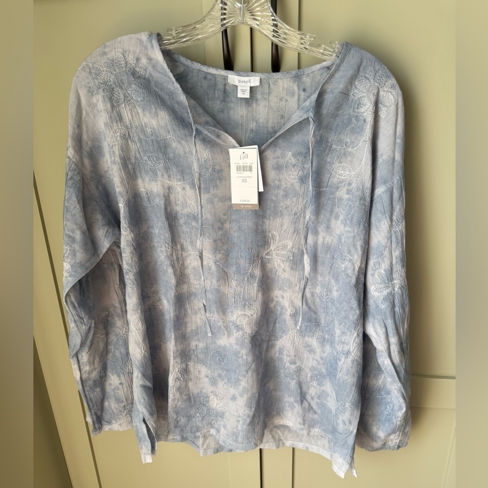 NWT J.Jill Tie Neck Tie Dye Floral Embroidered Cotton Pullover SZ XS (20" P2P)